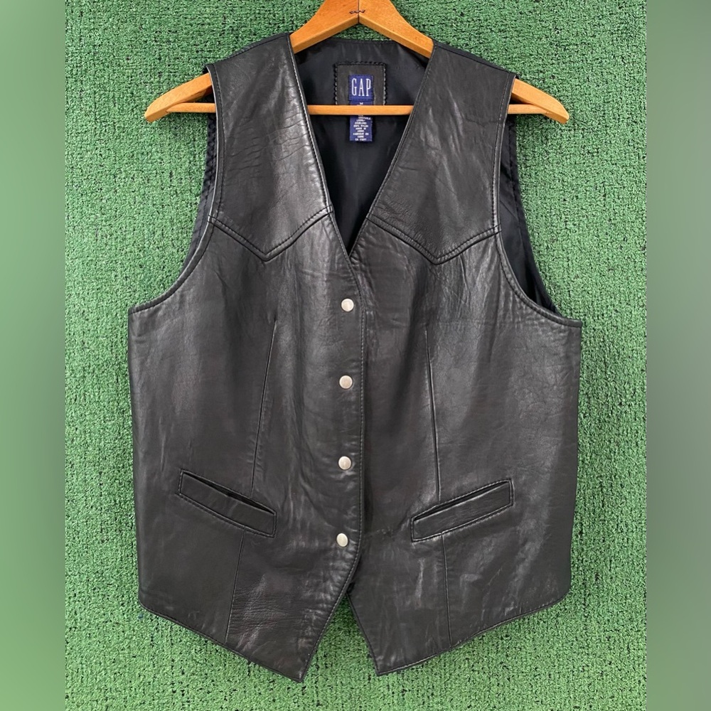 Vintage Y2K GAP Black Leather Motorcycle Style Snap Vest Men’s Size Medium